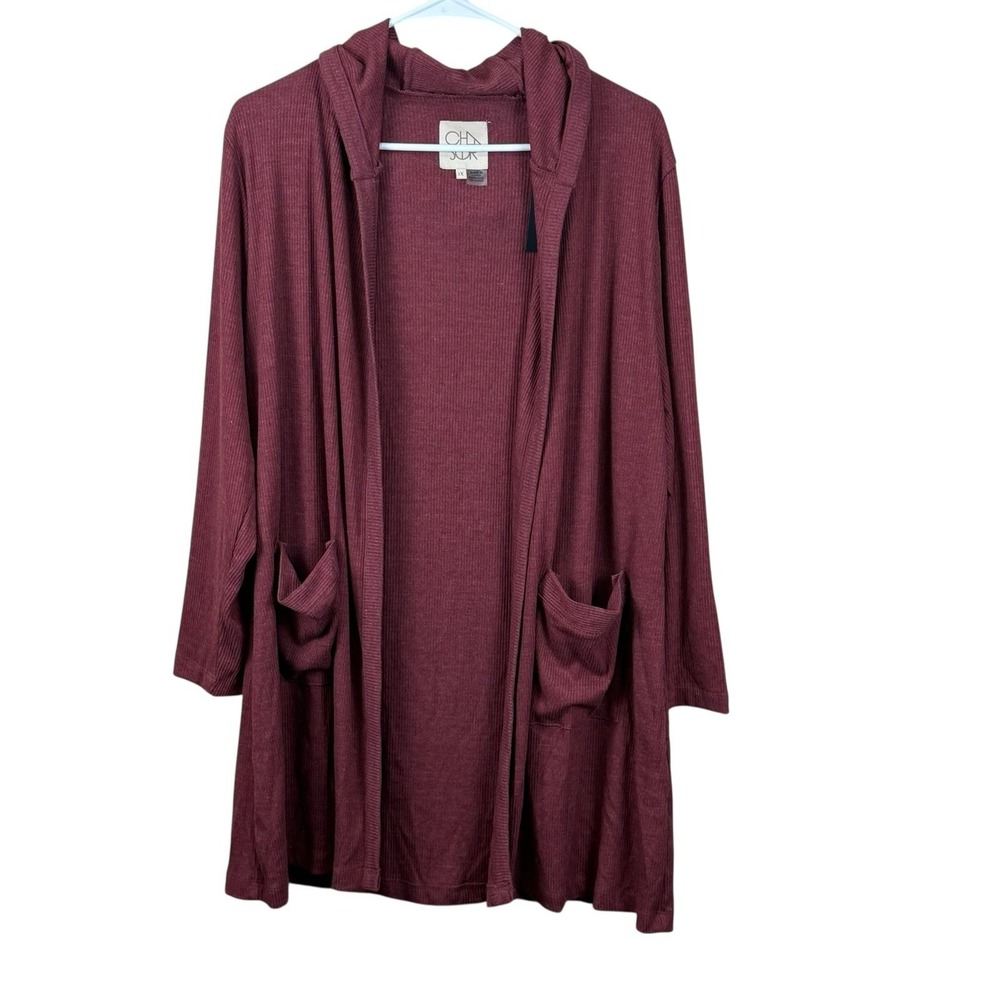 Chaser Womens Ribbed Open Front Cardigan Pockets Burgundy 1X NWT